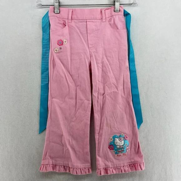 Hello Kitty Pants Kids Sz L (6X) Pink Embroidered Wide-Leg Ruffle Hem Stretch - Picture 1 of 12
